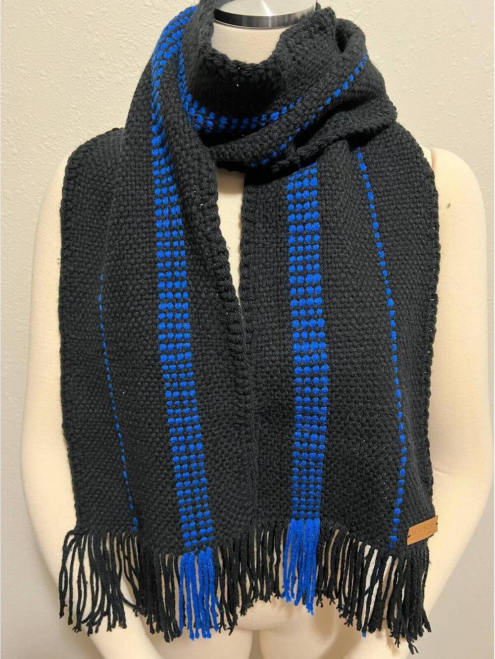 Woven on the Loom Scarf: Black & Royal Blue Fringe, Artisan Made
